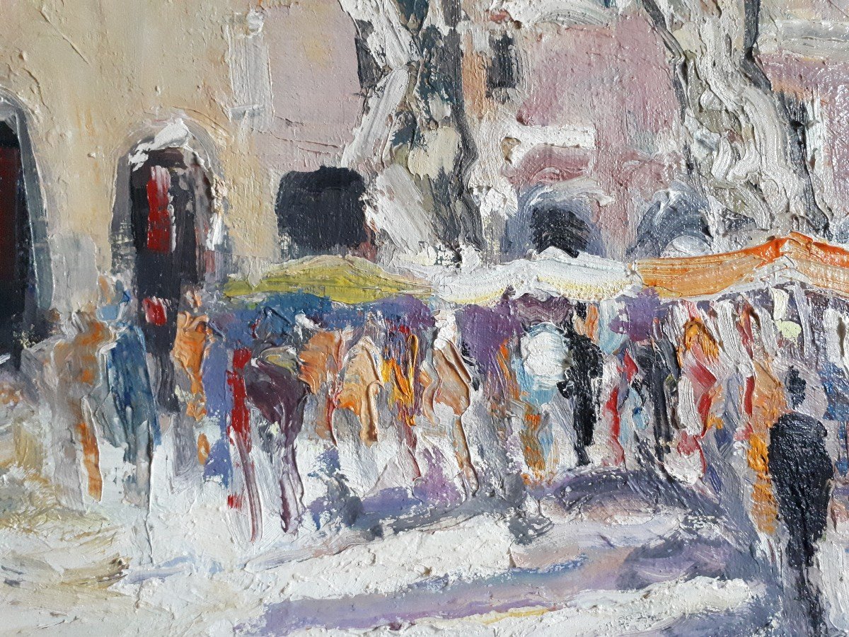 Alain Duperay (born In 1949) Oil On Canvas Market Scene In Uzès Gard-photo-1
