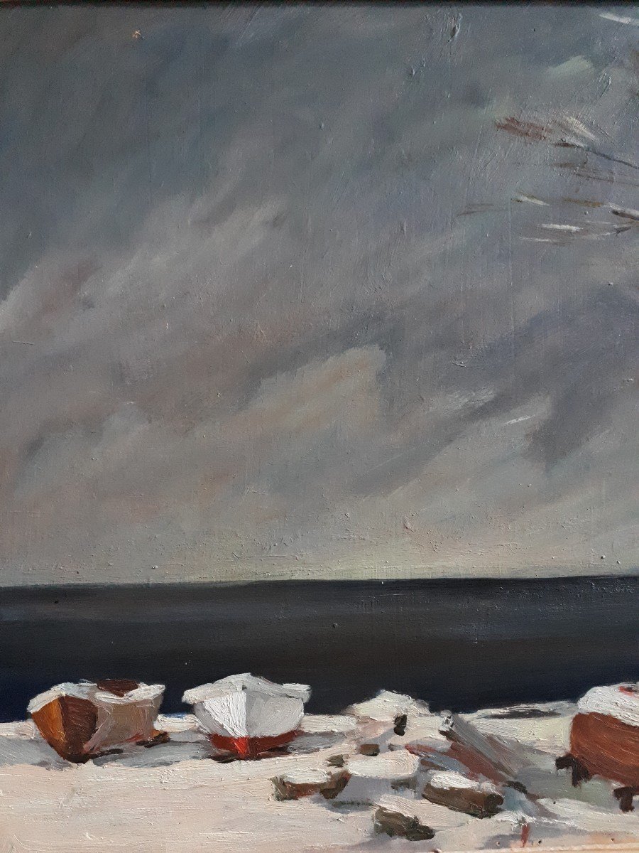 Marcel DESCHENAUX (1910-1990) huile sur panneau paysage lacustre hivernal 1944-photo-2