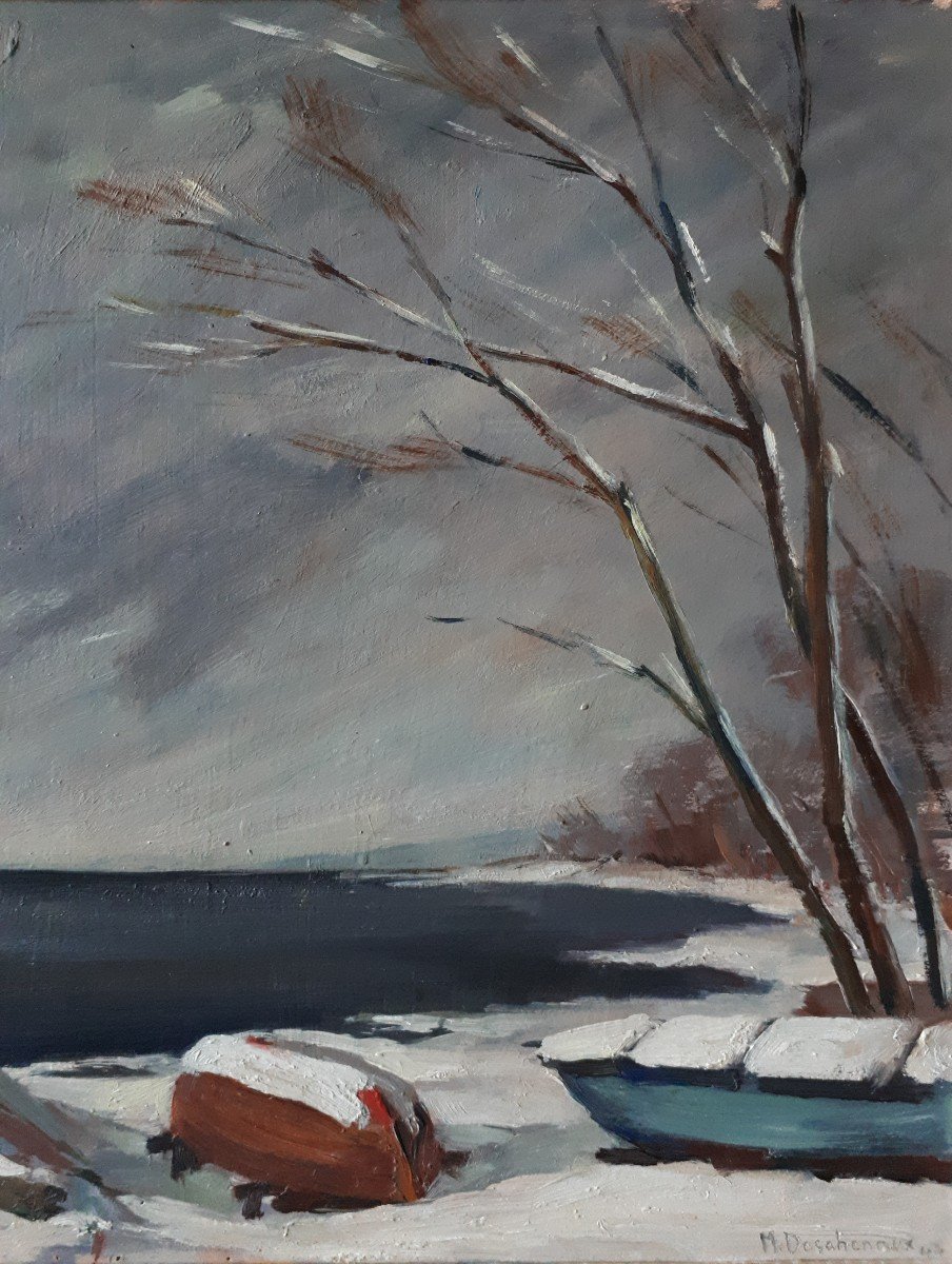 Marcel DESCHENAUX (1910-1990) huile sur panneau paysage lacustre hivernal 1944-photo-4