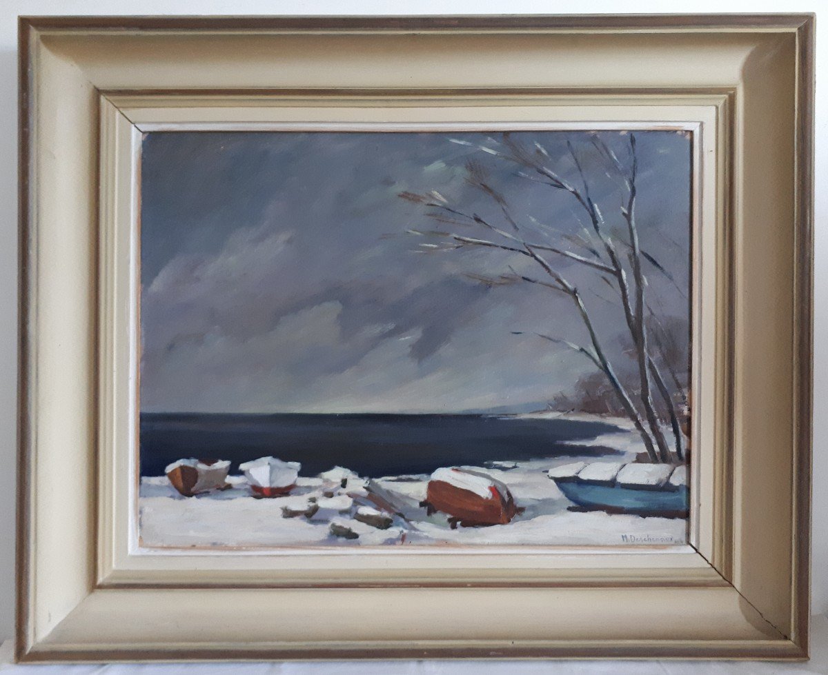 Marcel DESCHENAUX (1910-1990) huile sur panneau paysage lacustre hivernal 1944