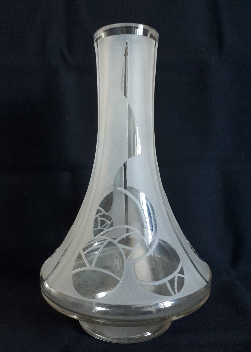 Vase en verre blanc et givré décor dégagé à l'acide 1930 Art Déco-photo-4