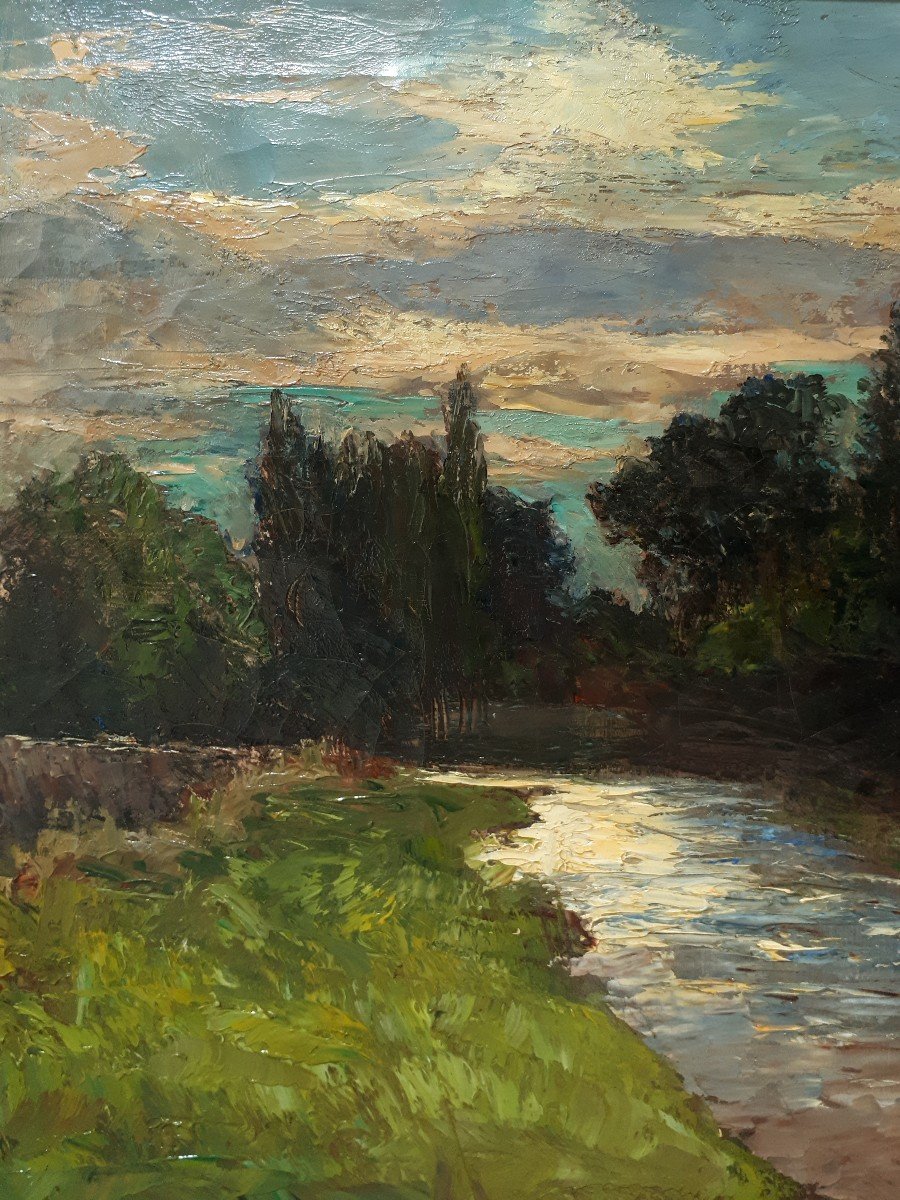 Joseph TREVOUX (1831-1909) huile sur toile paysage rivière environs de Lyon 19ème-photo-3