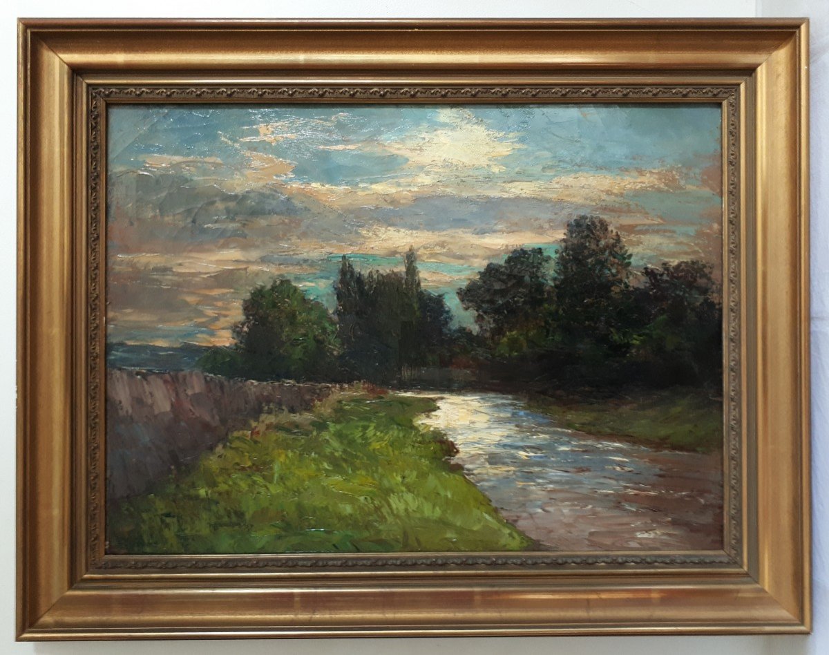 Joseph TREVOUX (1831-1909) huile sur toile paysage rivière environs de Lyon 19ème