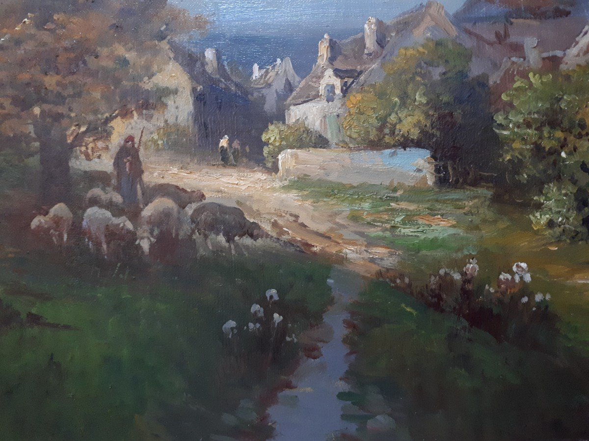 Tableau huile sur toile paysage scène de vie paysanne J. TASSERIE fin 19ème-photo-4