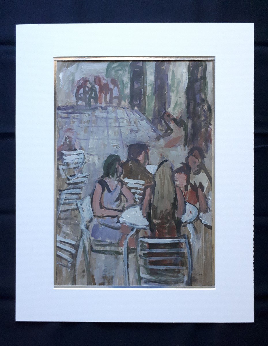 Maurice LEWI (né en 1934) huile sur papier  vue animée bar café - La terrasse cet été -photo-2