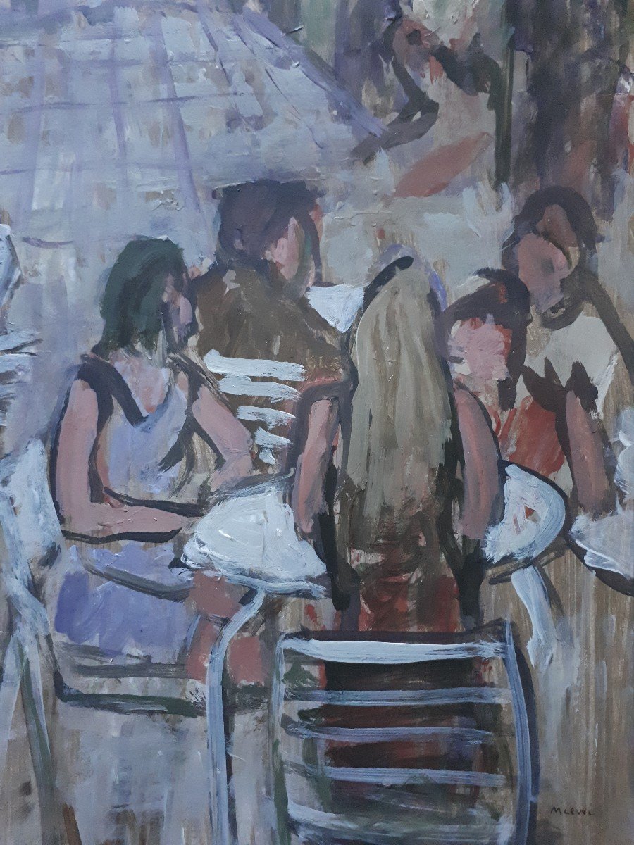 Maurice LEWI (né en 1934) huile sur papier  vue animée bar café - La terrasse cet été -photo-1