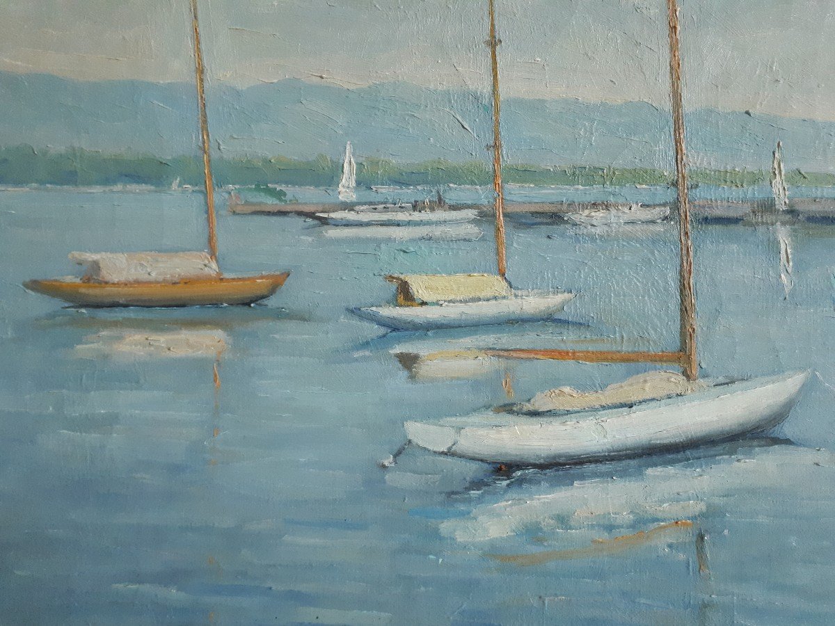 Albert Hanns HOFMANN (1889-1966) huile sur toile  paysage lacustre lac bateaux 1955-photo-1
