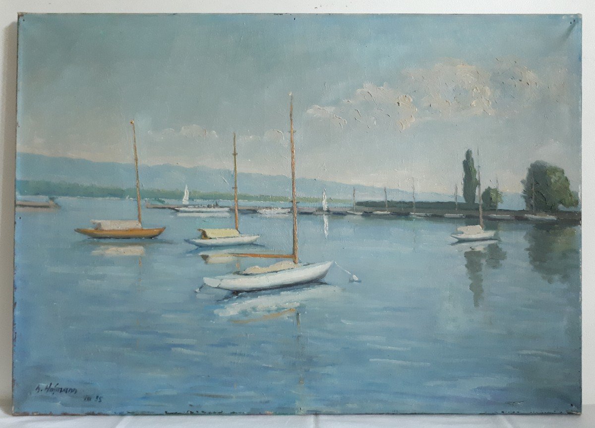 Albert Hanns HOFMANN (1889-1966) huile sur toile  paysage lacustre lac bateaux 1955