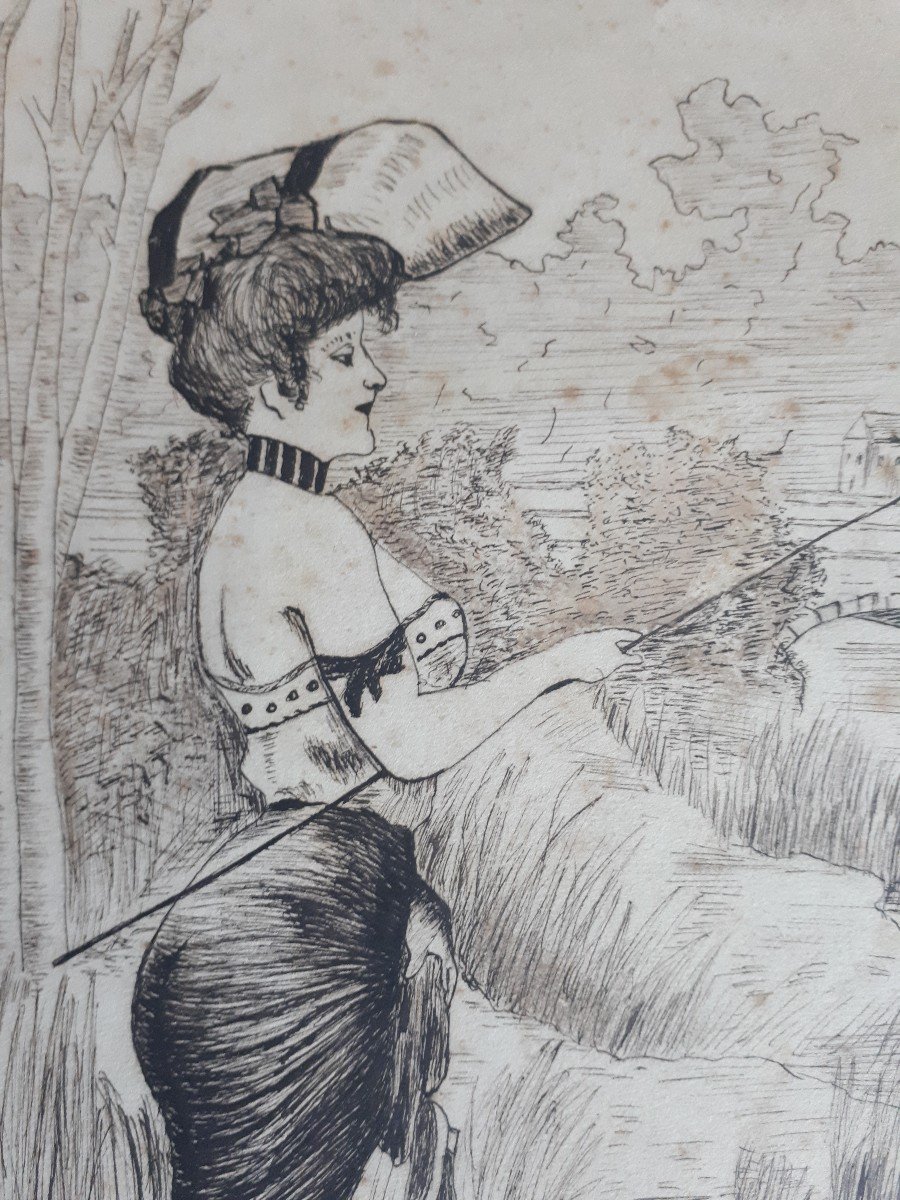 Pen Drawing Ink Woman With Fishing Rod 1900 Art Nouveau-photo-3