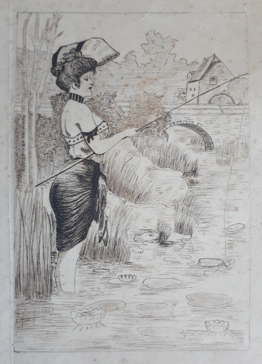 Dessin à la plume encre femme à la canne à pêche 1900 Art Nouveau