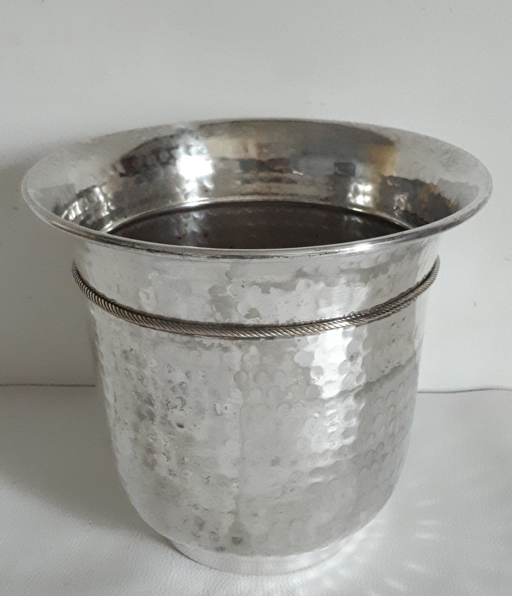Champagne Bucket In Hammered Silver Metal Trimmings Decor 1940 - 1950-photo-4