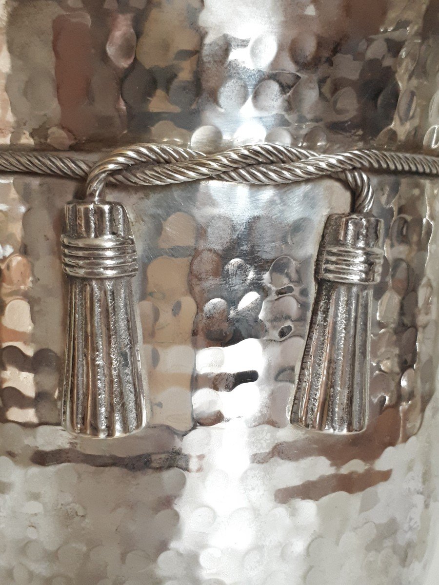 Seau à champagne en métal argenté martelé décor passementerie 1940 - 1950-photo-1