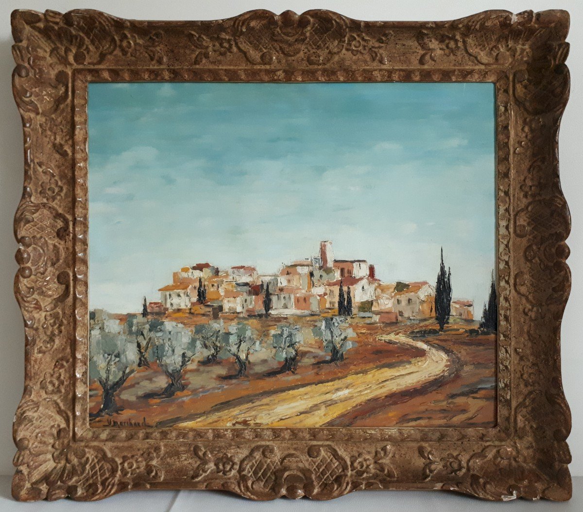 Tableau huile sur toile paysage de Provence Y. MARCHAND cadre Montparnasse