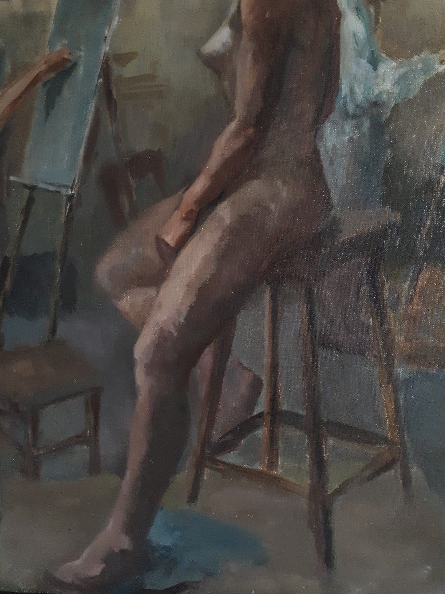 Painting Oil On Canvas Female Nude Painters Workshop Mid-20th Century-photo-3