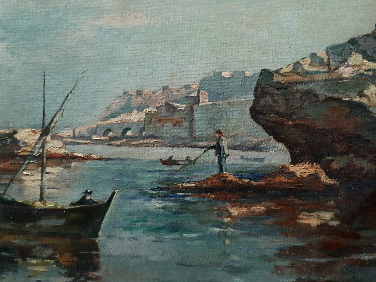 Tableau huile sur toile marine côte rocheuse pêcheur GUERIN 1895 fin 19ème-photo-3