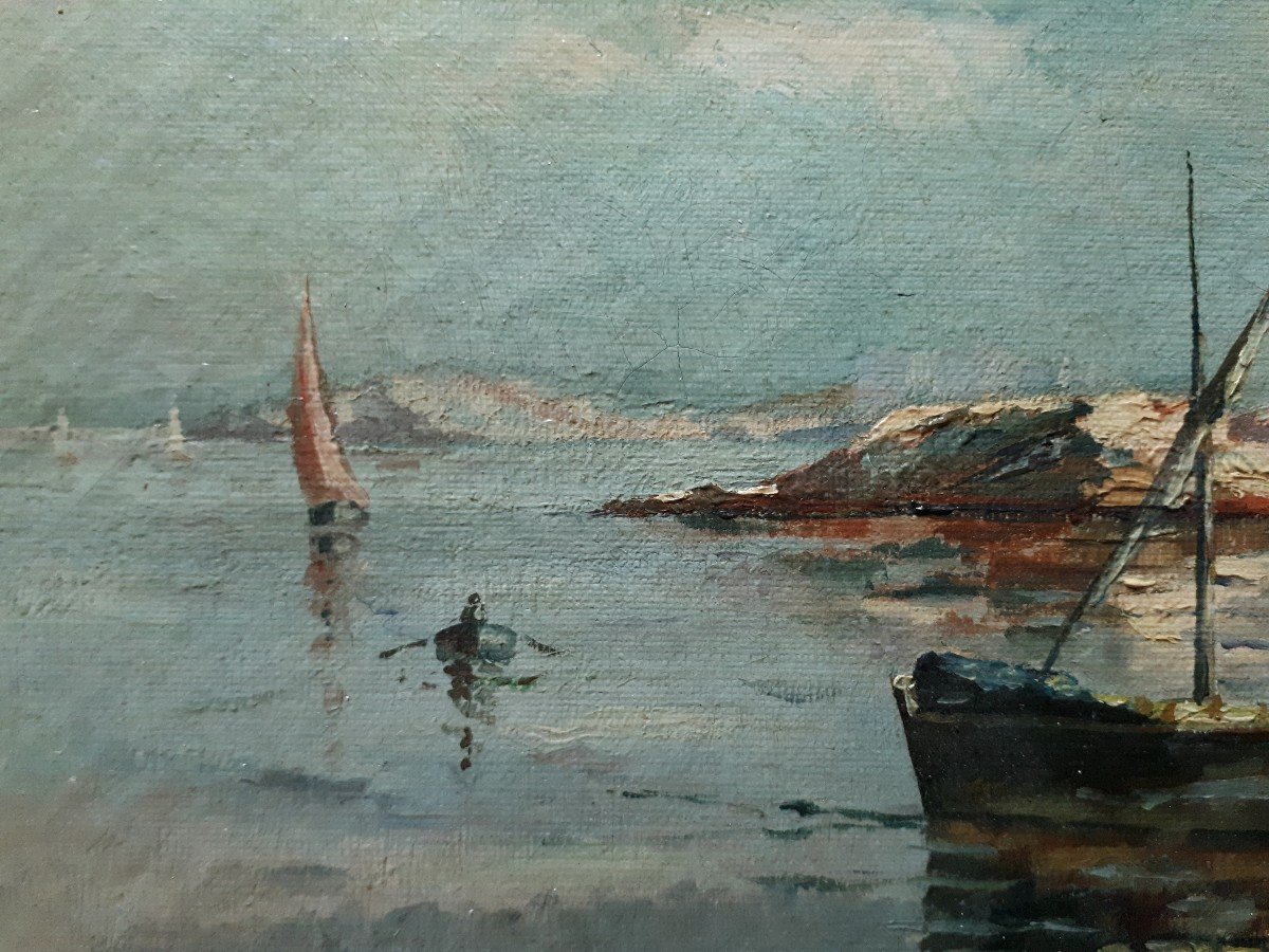 Tableau huile sur toile marine côte rocheuse pêcheur GUERIN 1895 fin 19ème-photo-1
