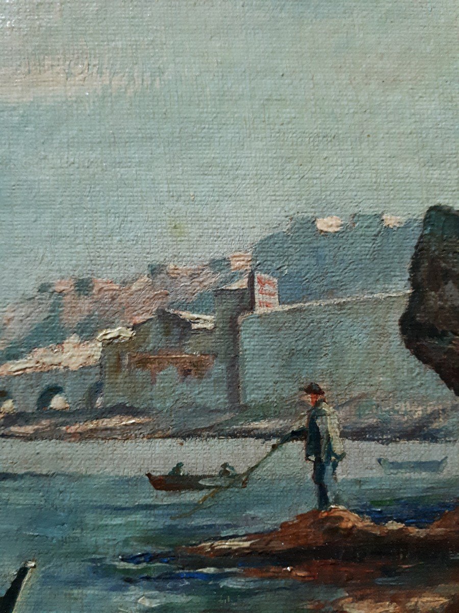 Painting Oil On Canvas Marine Rocky Coast Fisherman Guerin 1895 Late 19th-photo-3