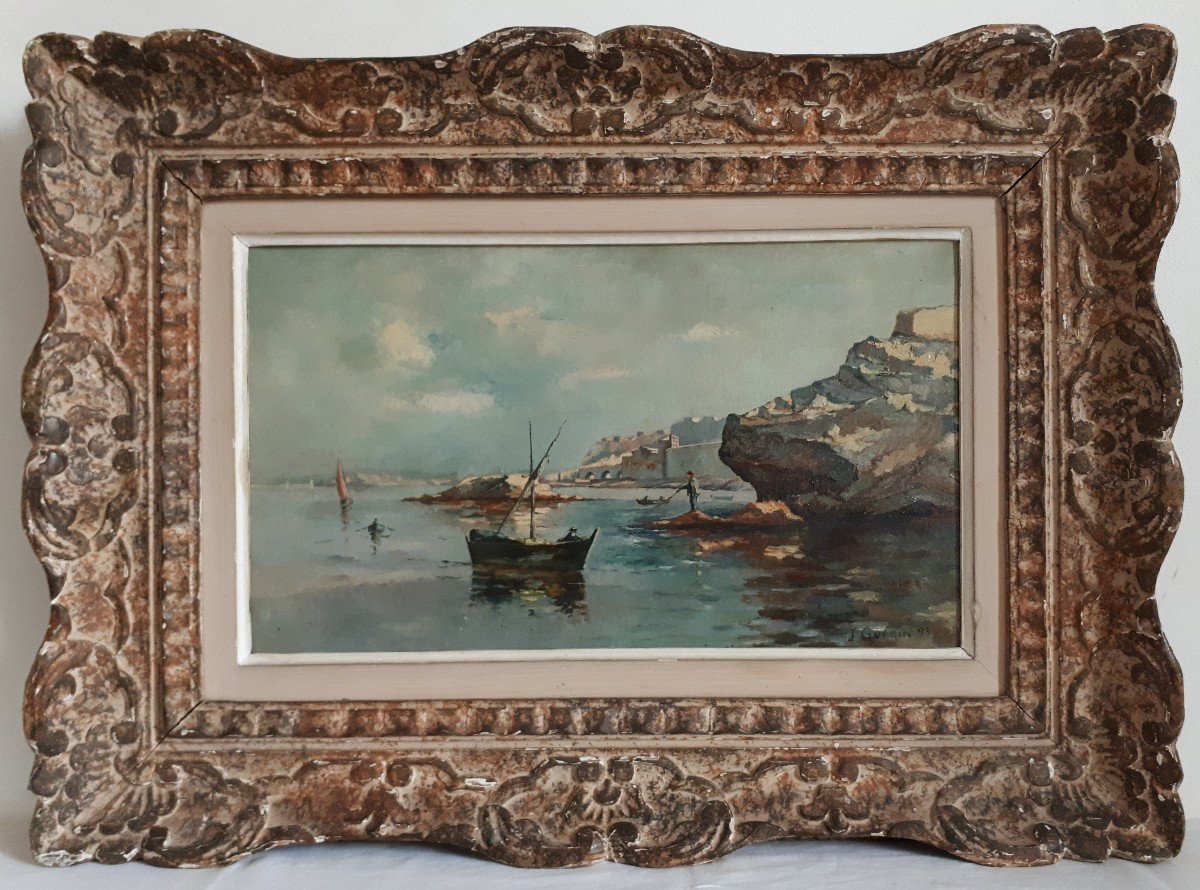 Tableau huile sur toile marine côte rocheuse pêcheur GUERIN 1895 fin 19ème