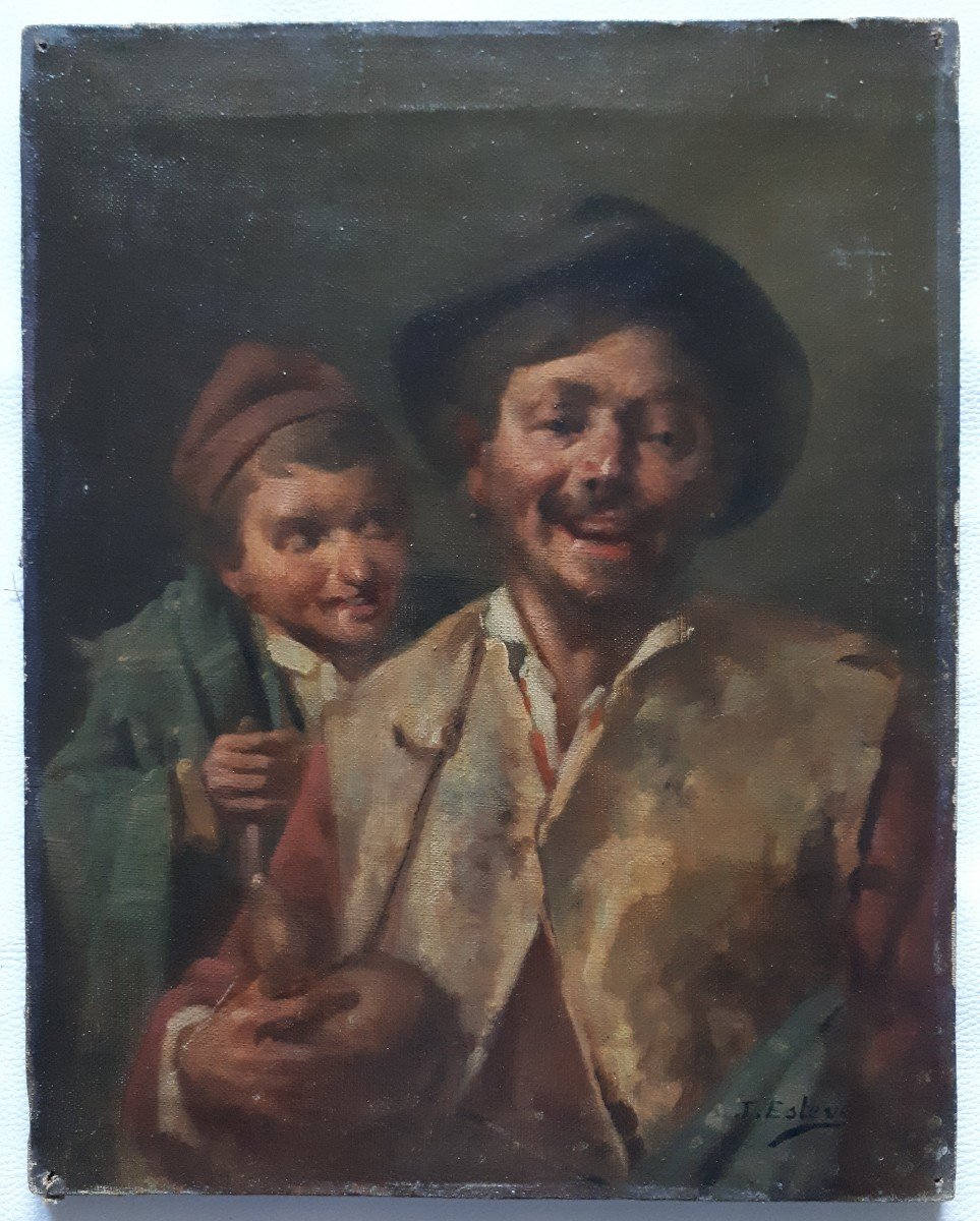 J. Esteve Oil On Canvas Portrait Of Two Characters Men Late 19th Century