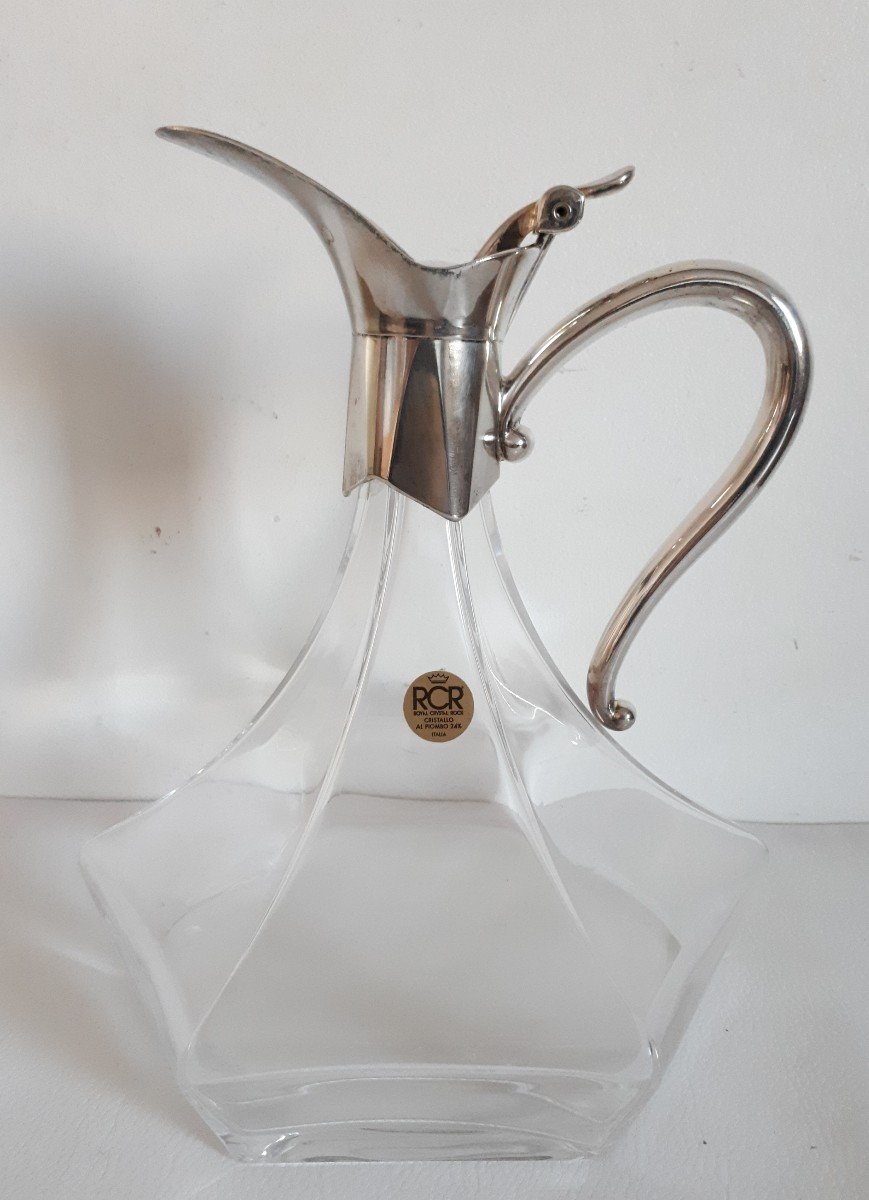 Royal Crystal Rock Italy Carafe Ewer Jug In Crystal And Silver Metal-photo-2