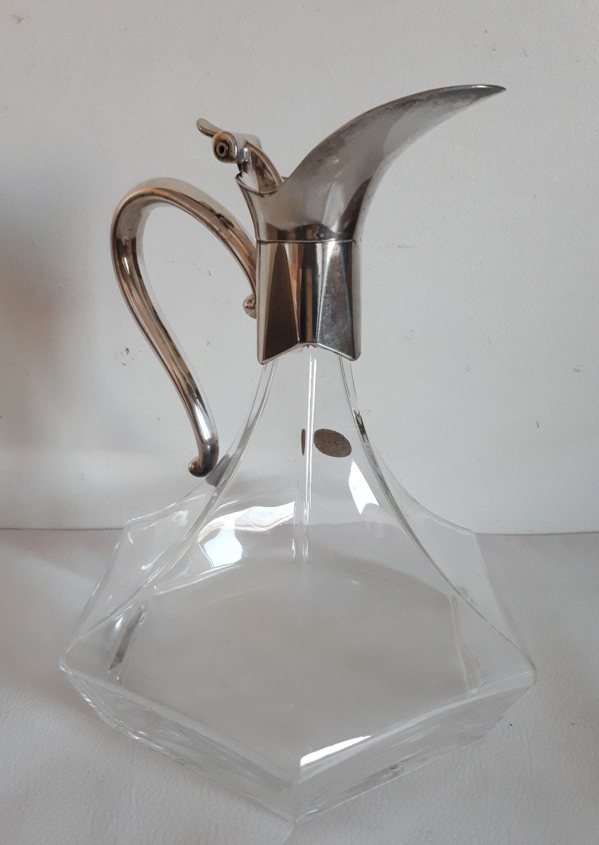 Royal Crystal Rock Italy Carafe Ewer Jug In Crystal And Silver Metal-photo-1