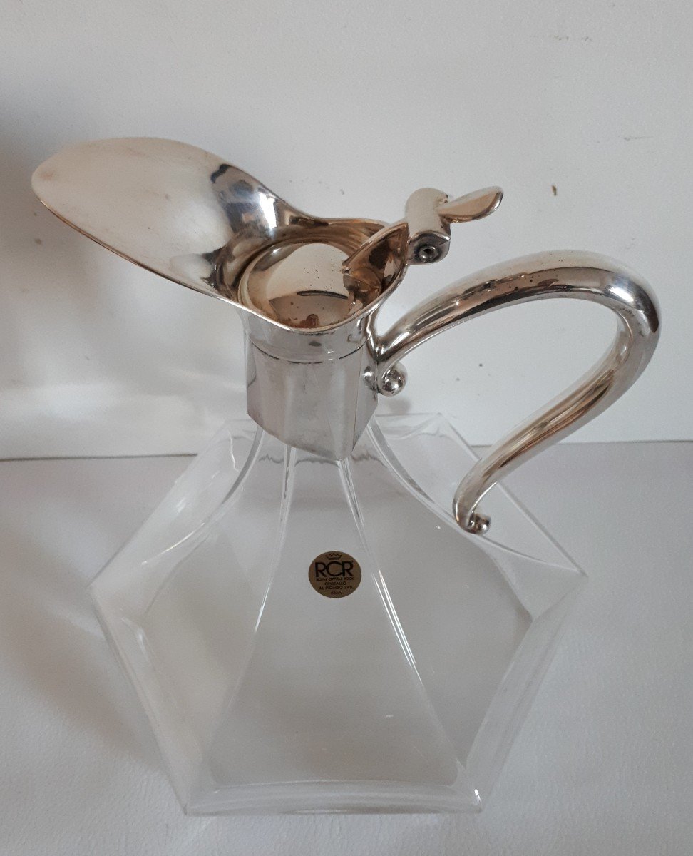 Royal Crystal Rock Italy Carafe Ewer Jug In Crystal And Silver Metal-photo-3