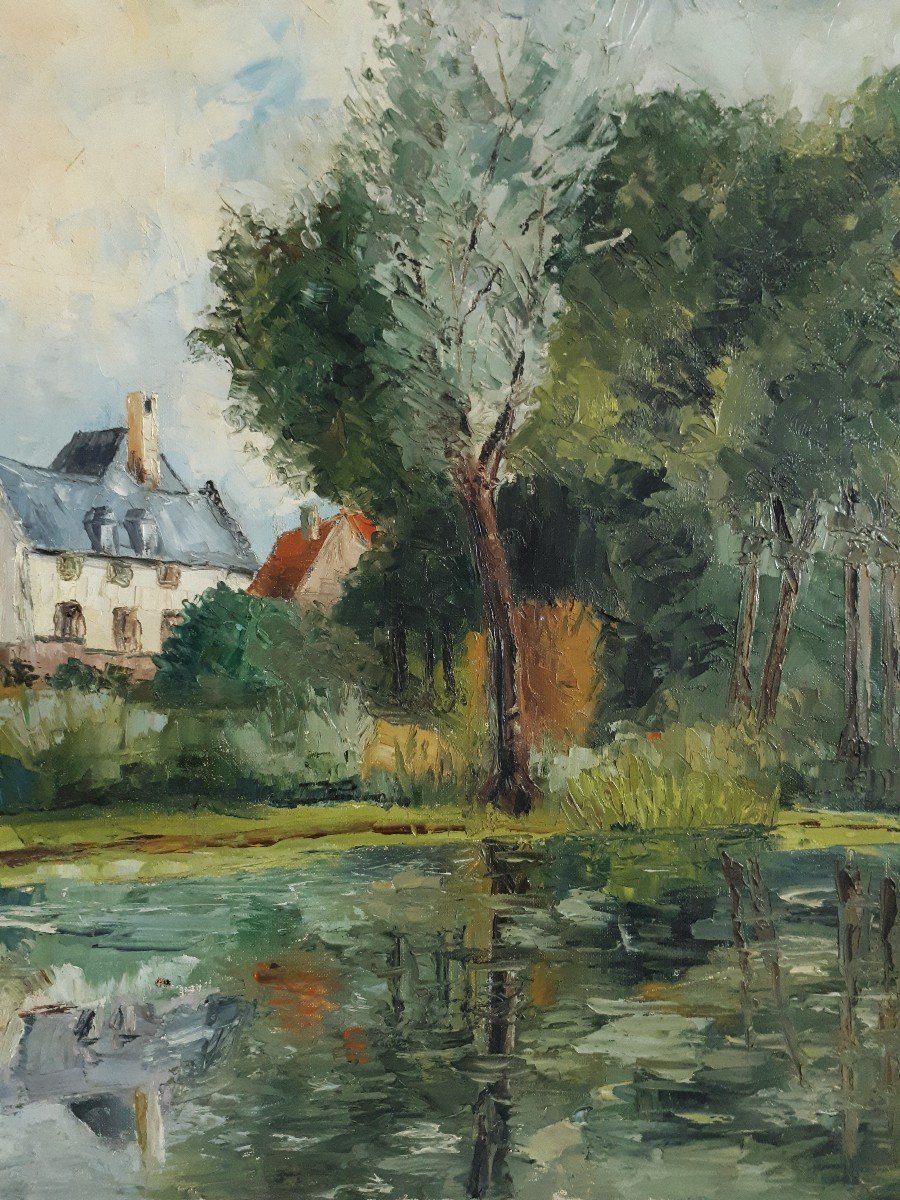 Painting Oil On Canvas Lake Landscape P. Lerblet Mid 20th Century-photo-3