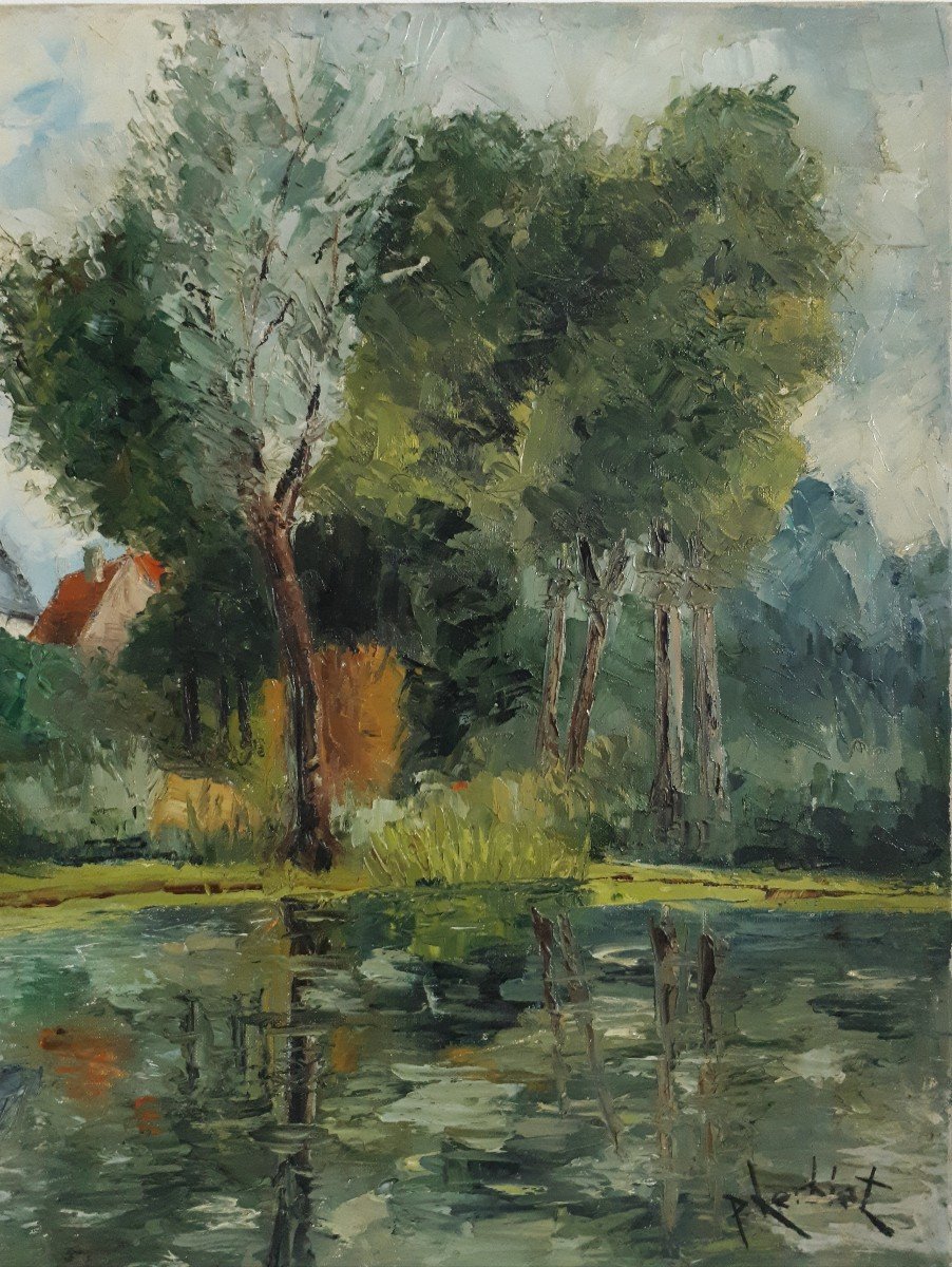 Painting Oil On Canvas Lake Landscape P. Lerblet Mid 20th Century-photo-4