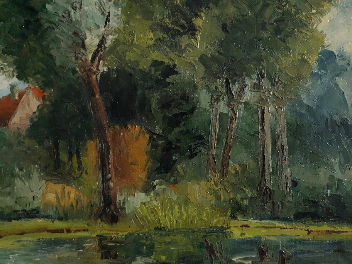 Painting Oil On Canvas Lake Landscape P. Lerblet Mid 20th Century-photo-2