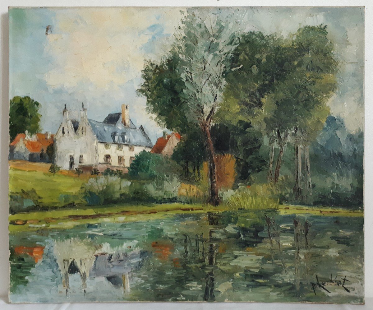 Painting Oil On Canvas Lake Landscape P. Lerblet Mid 20th Century