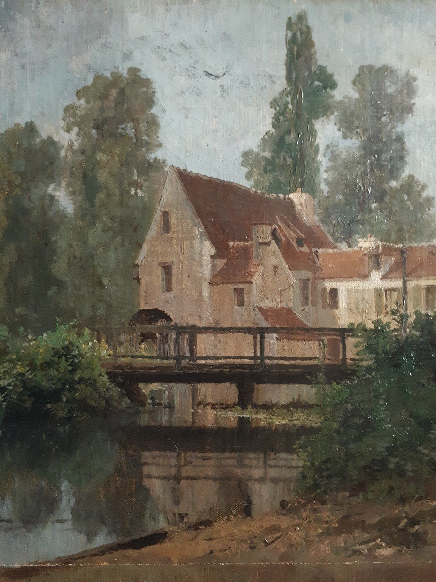 Painting Oil On Canvas Landscape Houses Along The River 19th-photo-3