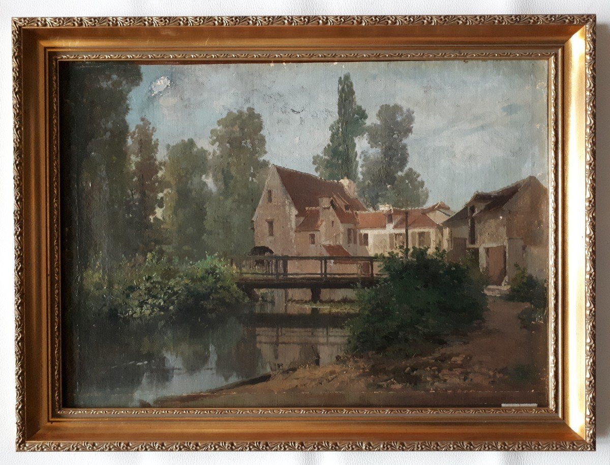 Painting Oil On Canvas Landscape Houses Along The River 19th