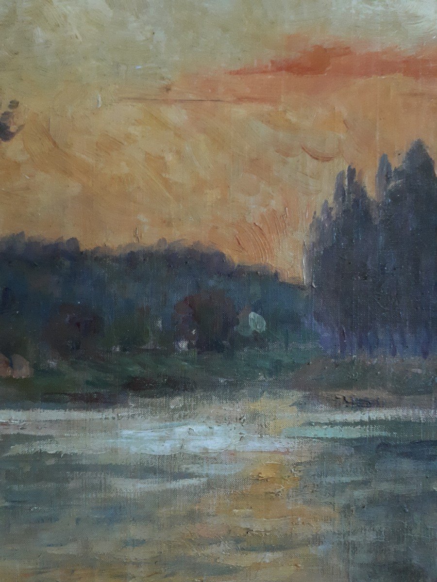 Louis MAILFAIRE  - Les rives de la Seine à Boulogne - tableau huile sur toile paysage au crépuscule - 1911-photo-2