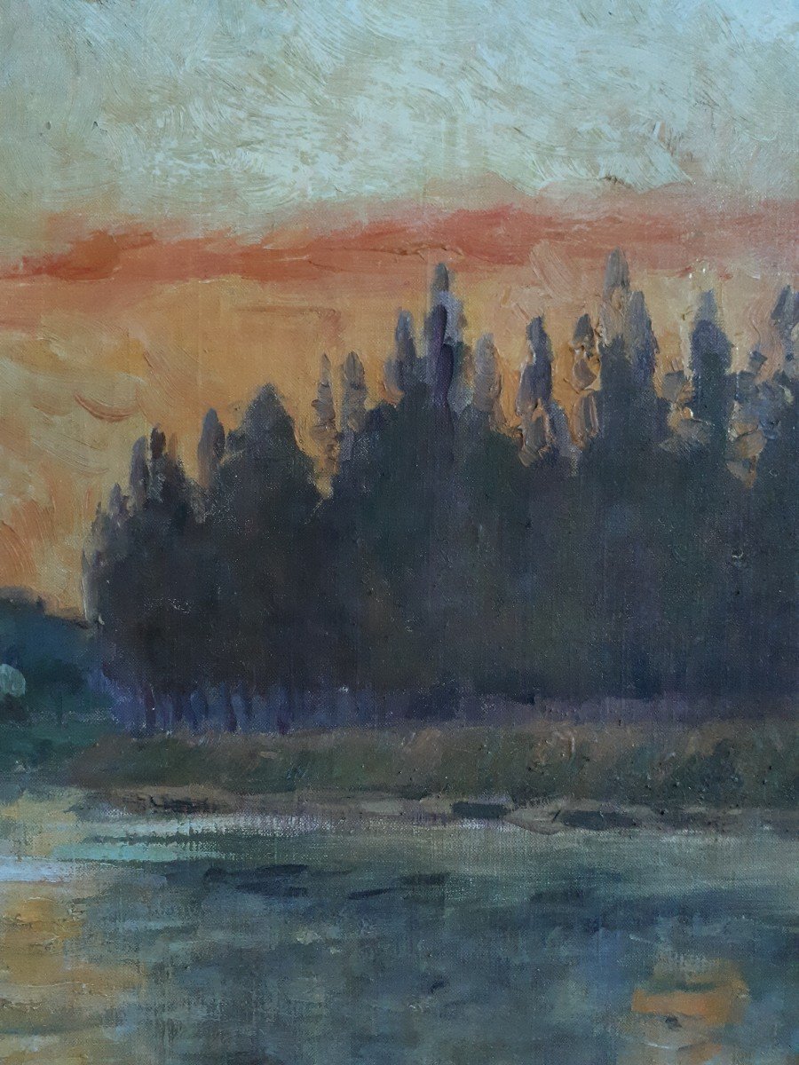Louis MAILFAIRE  - Les rives de la Seine à Boulogne - tableau huile sur toile paysage au crépuscule - 1911-photo-3
