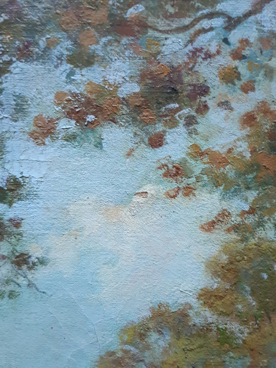 Tableau huile sur toile paysage animé sous-bois scène extérieure peintre début XXème-photo-6