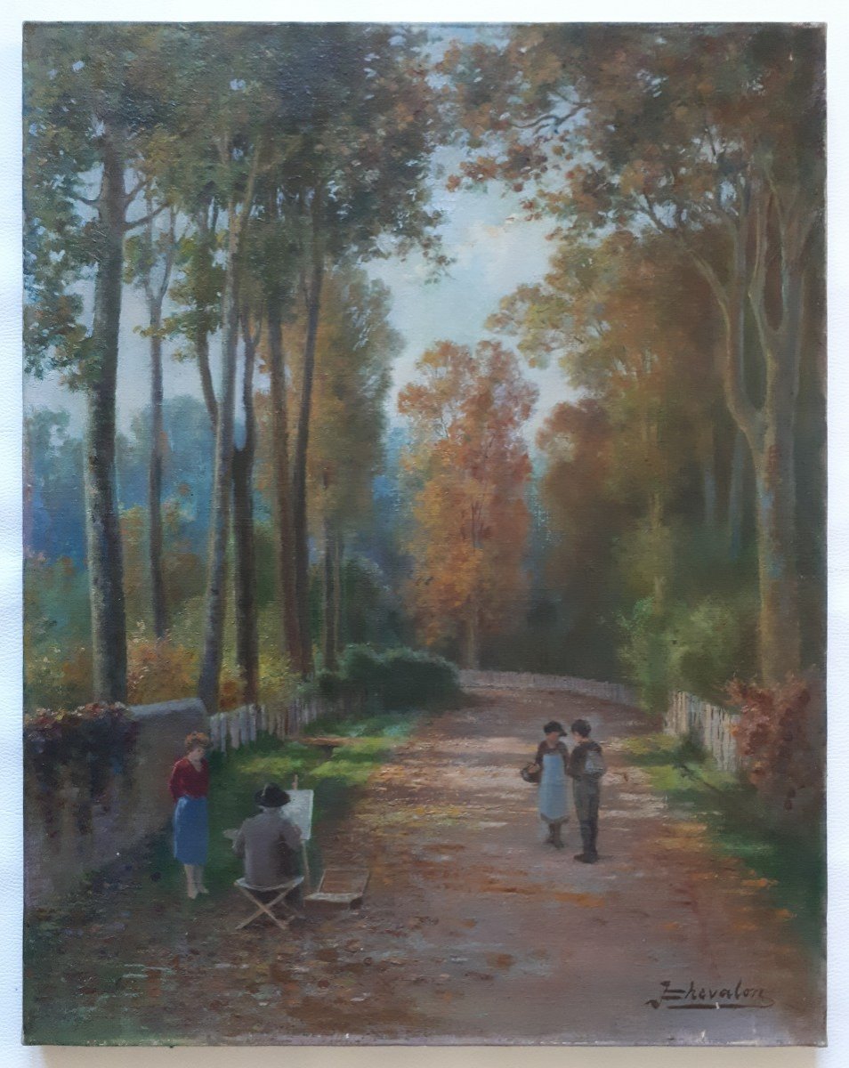 Tableau huile sur toile paysage animé sous-bois scène extérieure peintre début XXème