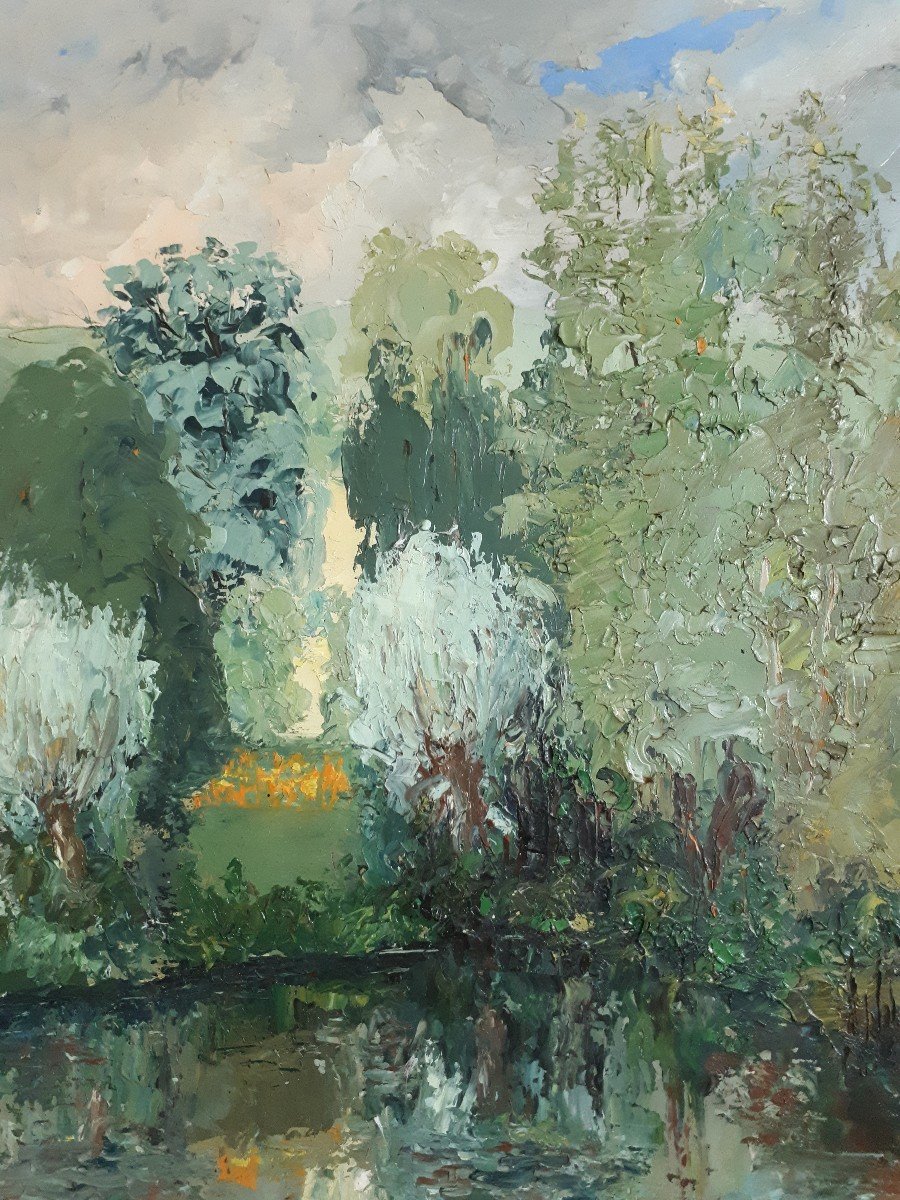 Tableau huile C. MEUNIER paysage lacustre impressionnisme -photo-3