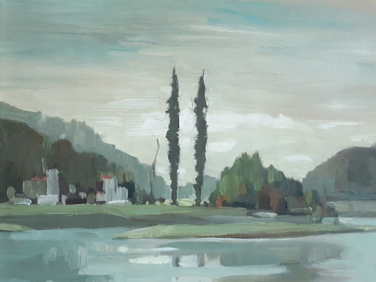Paul CHATELAIN (1913-2000) huile sur toile paysage lacustre Ecole lyonnaise-photo-2