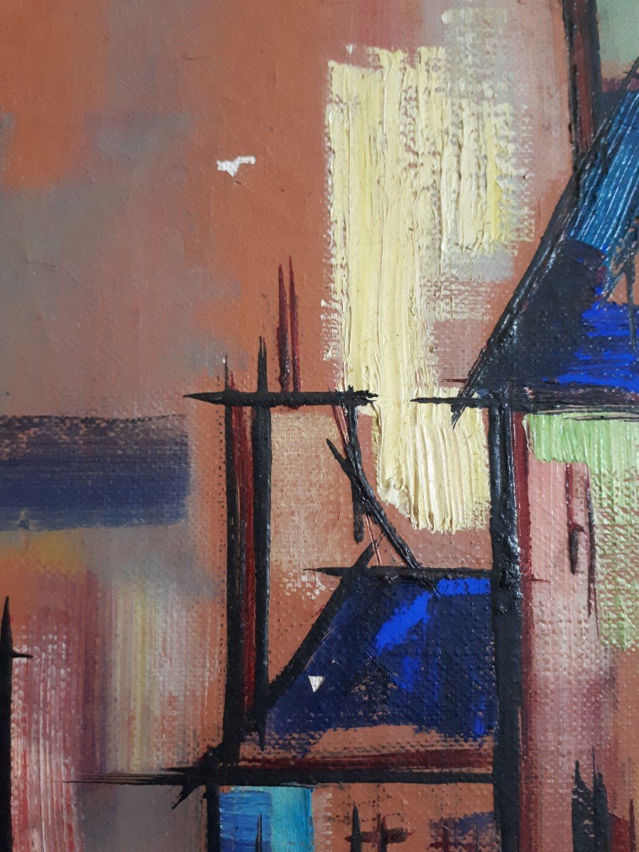 Tableau huile sur toile paysage urbain citadin abstrait  1960/1970 (signé)-photo-3