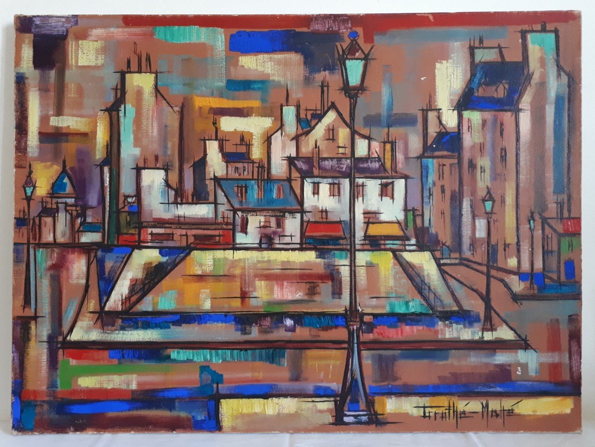 Tableau huile sur toile paysage urbain citadin abstrait  1960/1970 (signé)
