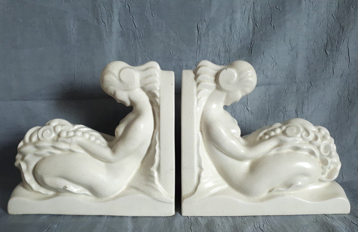 Lejan Orchies Pair Of Cracked Ceramic Bookends Women 1930 Art Deco-photo-2