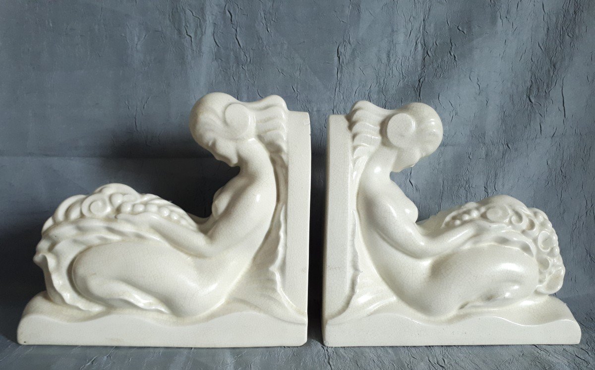 Lejan Orchies Pair Of Cracked Ceramic Bookends Women 1930 Art Deco