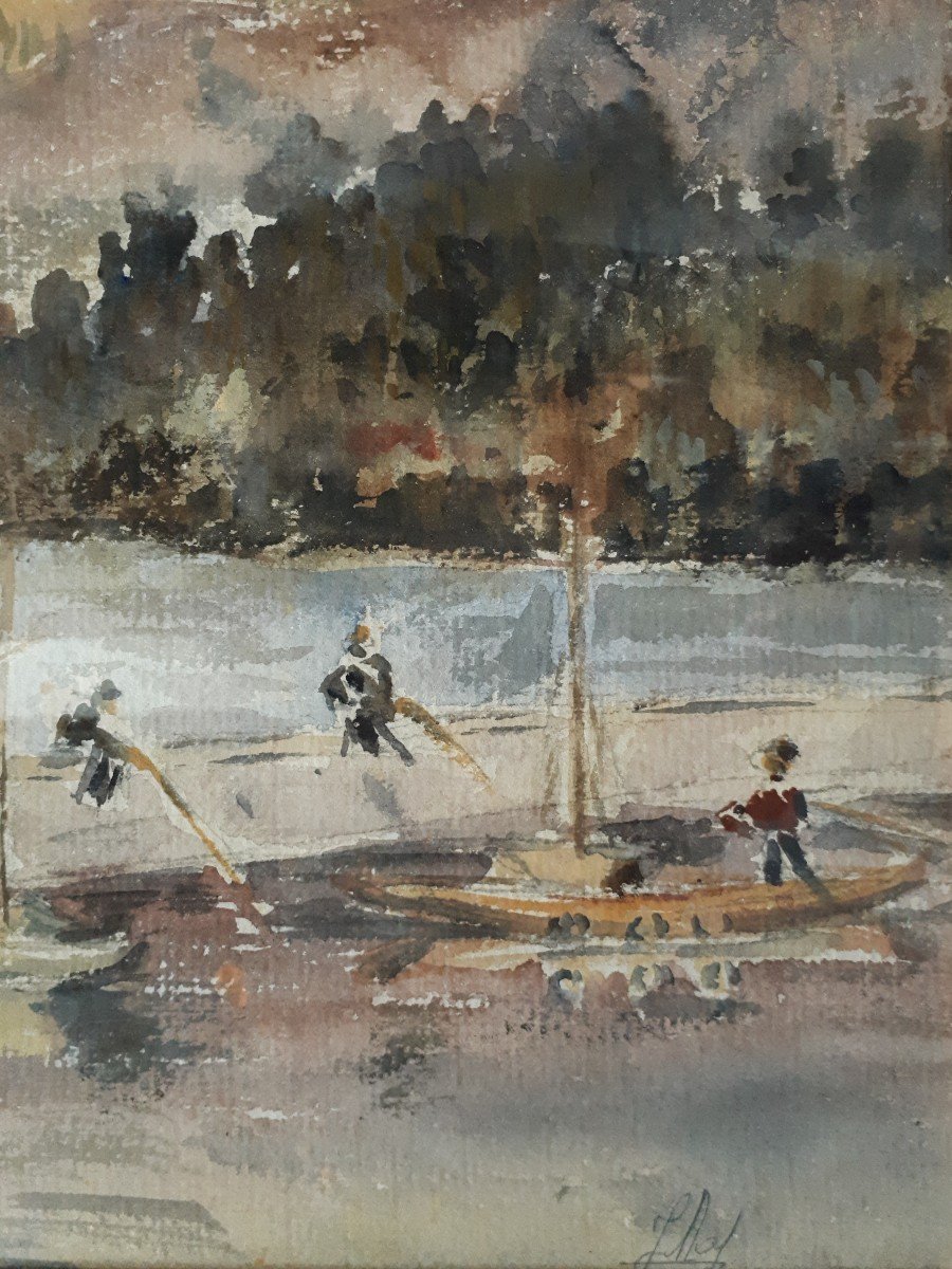 Watercolor Lac Du Bourget Aix Les Bains Fishermen 1959 (signed)-photo-4