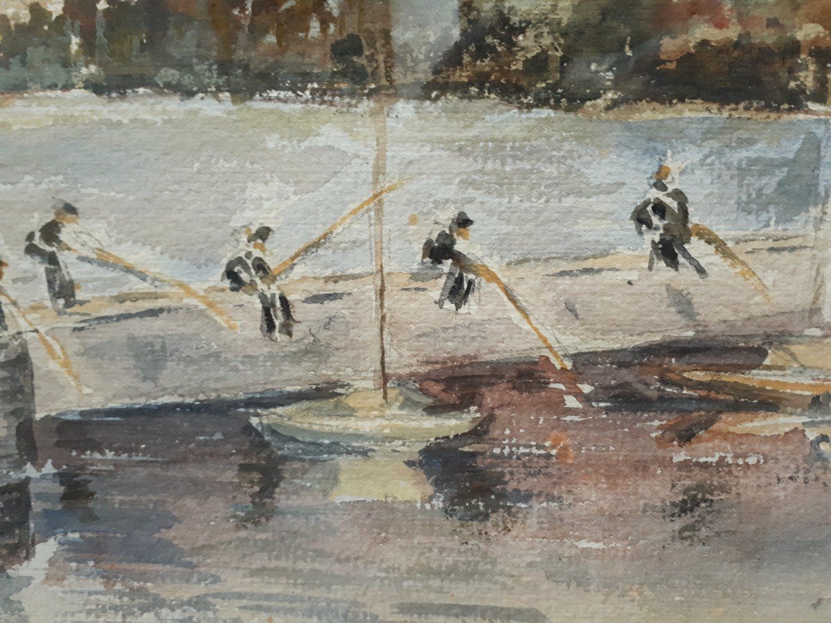 Watercolor Lac Du Bourget Aix Les Bains Fishermen 1959 (signed)-photo-2