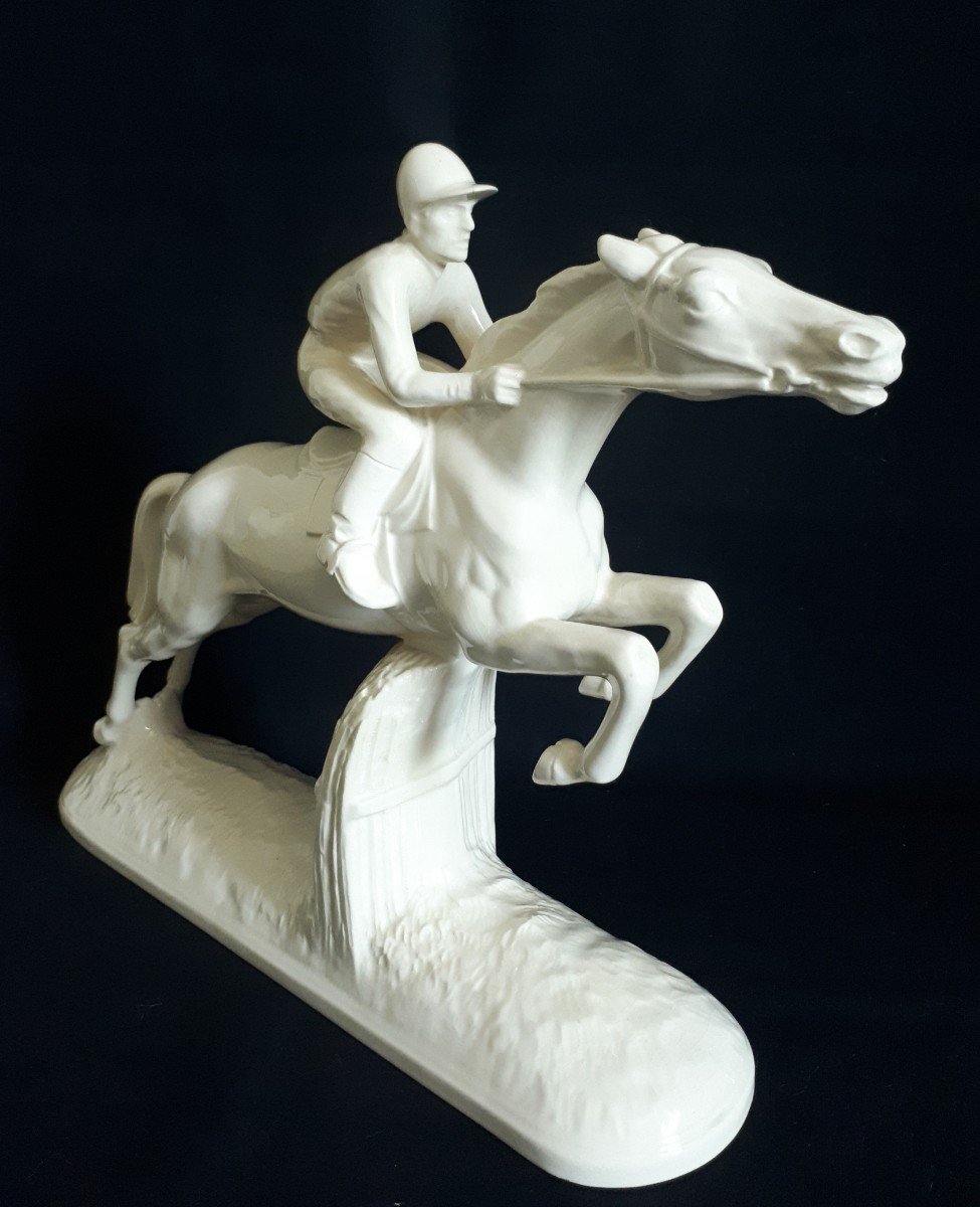 Ceramic Sculpture Jockey Horse Rider Sarreguemines 1930 Art Deco-photo-3