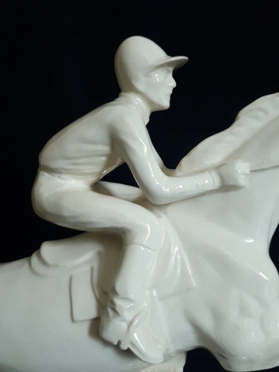 Ceramic Sculpture Jockey Horse Rider Sarreguemines 1930 Art Deco-photo-1