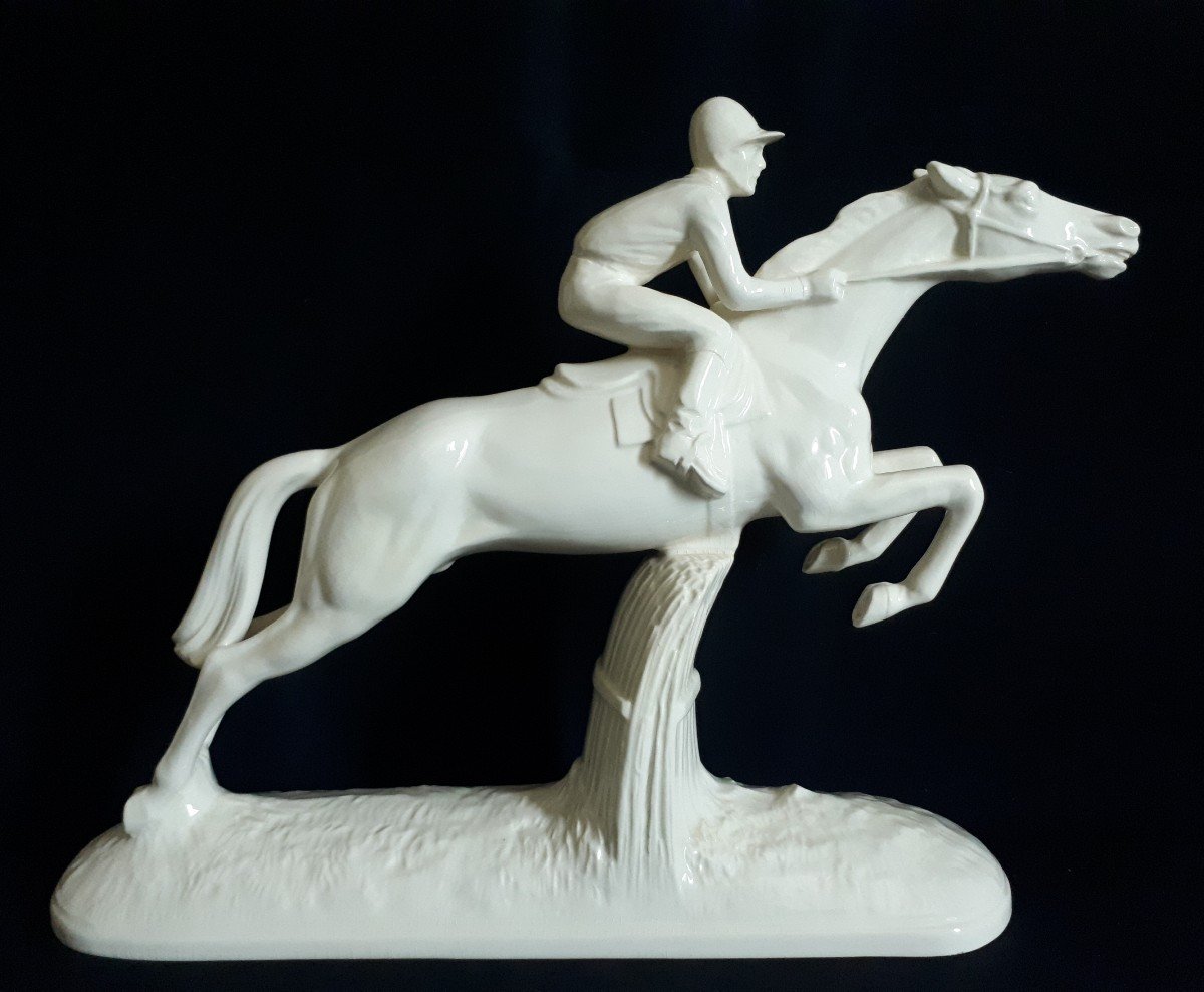 Ceramic Sculpture Jockey Horse Rider Sarreguemines 1930 Art Deco