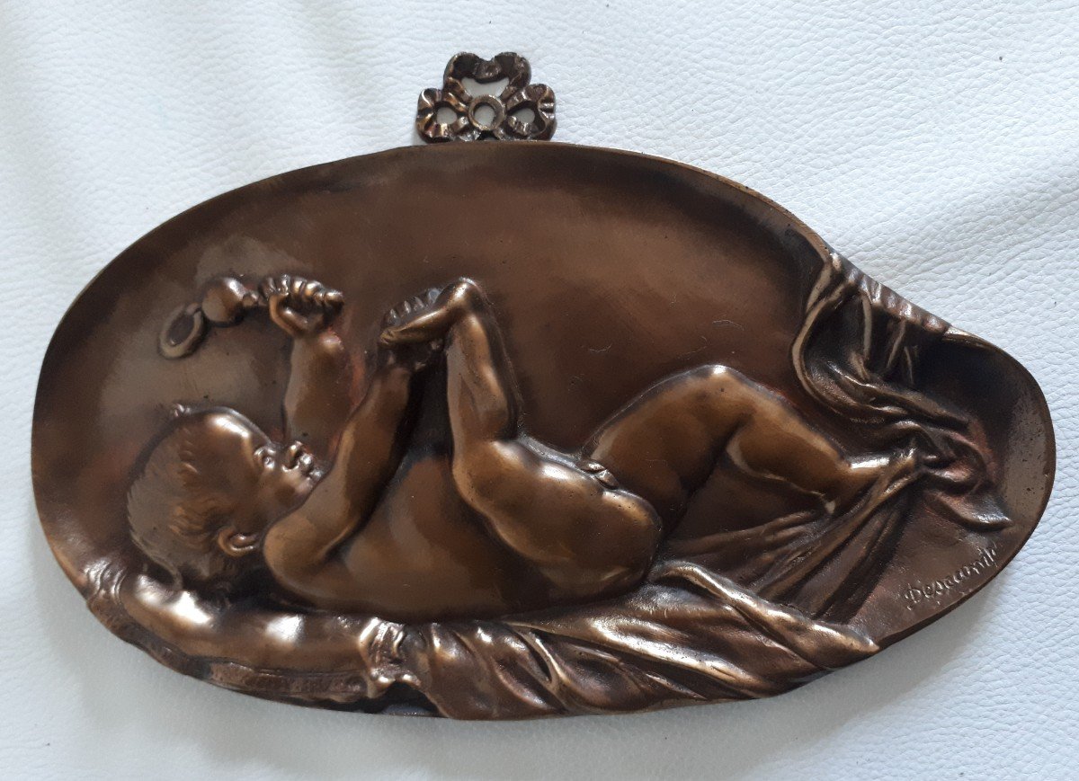 Bas-relief Bronze Sculpture Baby Child With Rattle Descamps 19th