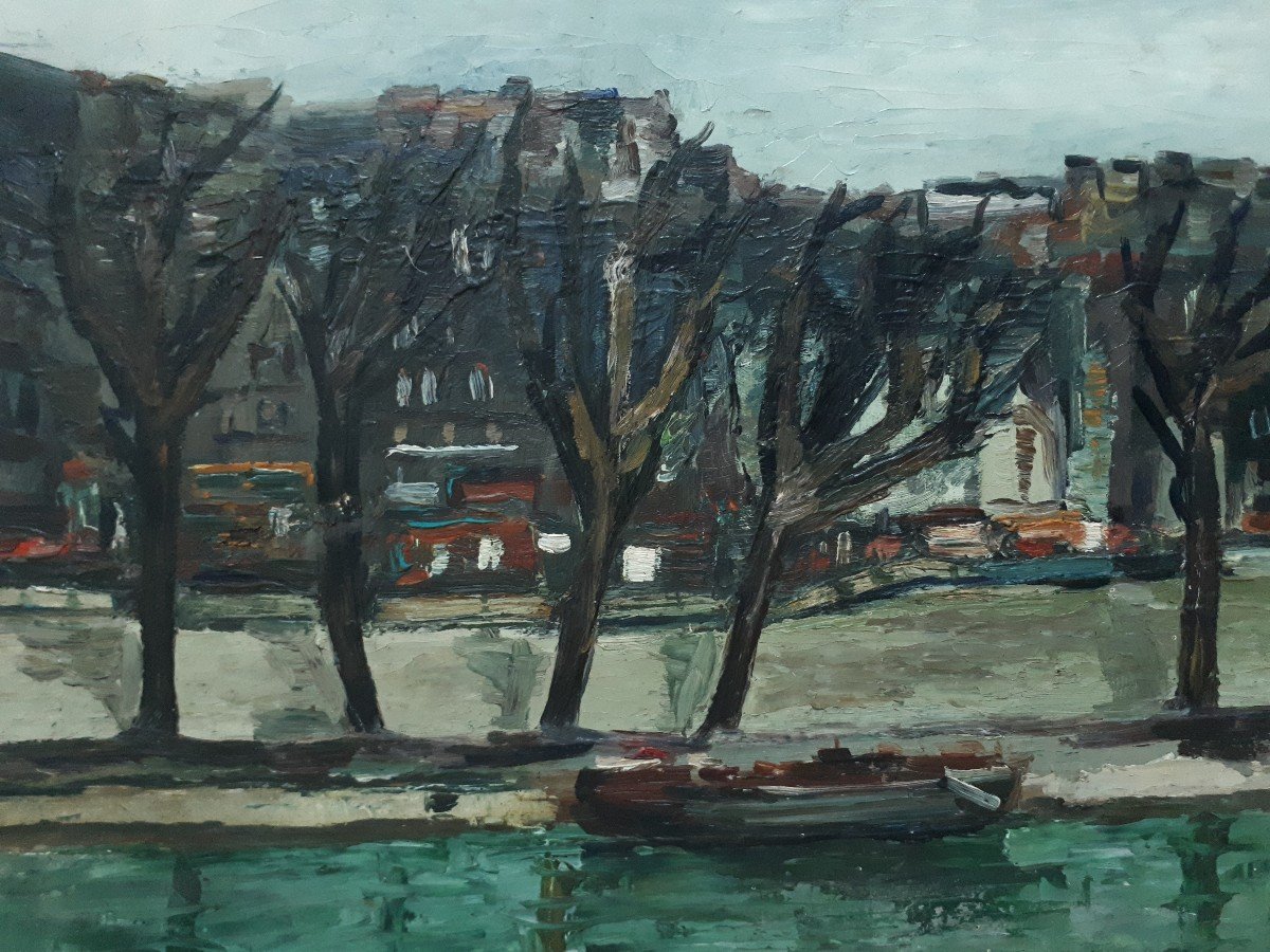 Tableau huile sur toile paysage fluvial fleuve péniche Candela 1954-photo-2