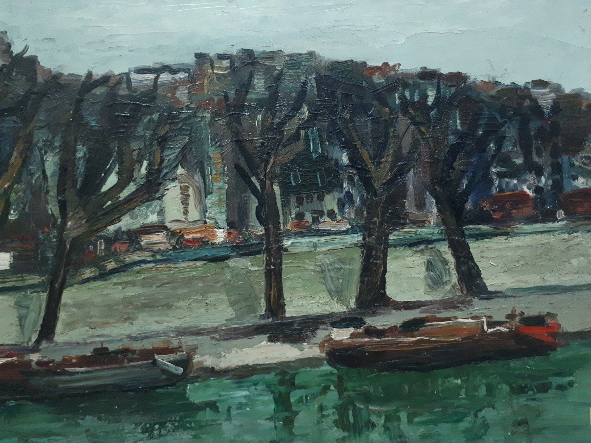 Tableau huile sur toile paysage fluvial fleuve péniche Candela 1954-photo-3